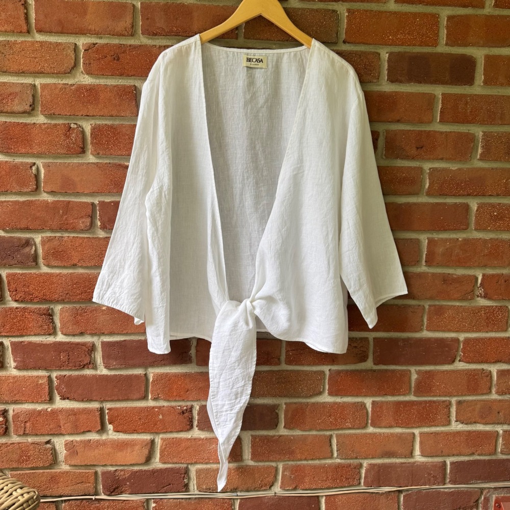 Becasa Tie Front Shirt Womens XL White Good Linen 3/4 Sleeve V-Neck Relaxed Fit
